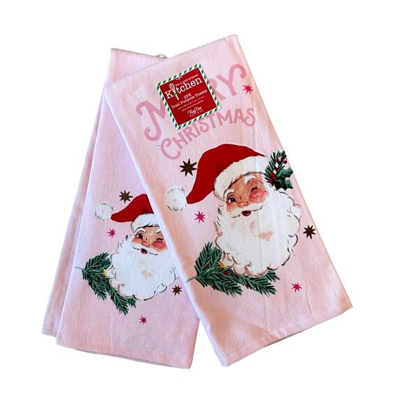 Set of 2  Pink Santa Christmas Kitchen Towels 18x28 Cotton Reto Holiday New - Picture 5 of 12